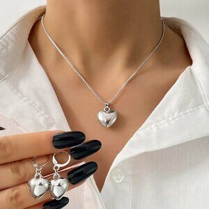 3/$35 Chunky Silver Heart Pendant Necklace & Dangle Hoop Earrings Set Jewelry